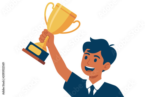 Happy boy holding a gold trophy cup, celebrating victory and success, flat vector illustration