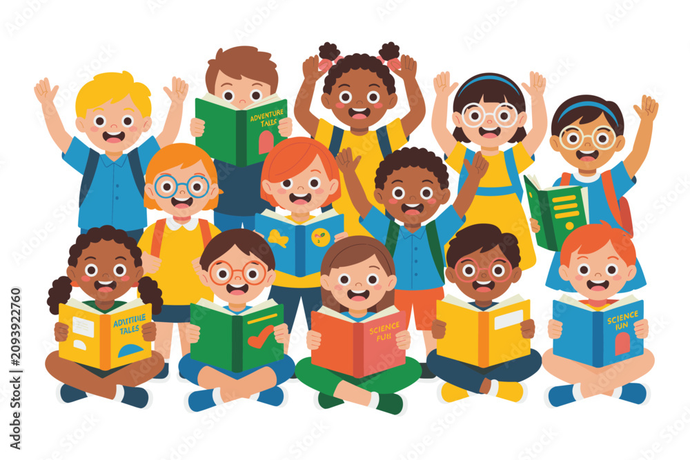 Fototapeta premium Group of happy diverse school children reading books