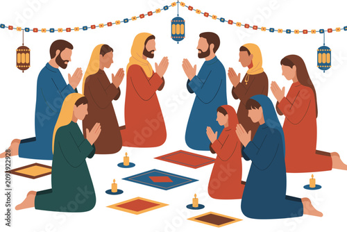 Sticker Group of people praying together during ramadan, illustration