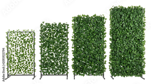 Decorative artificial green ivy privacy panels in various sizes.