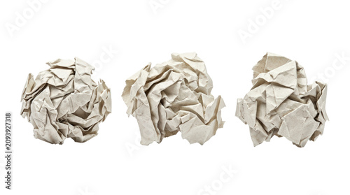 Three crumpled paper balls on white background.