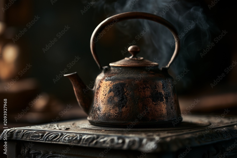 Fototapeta premium Weathered cast iron kettle steaming beside wood stove flames