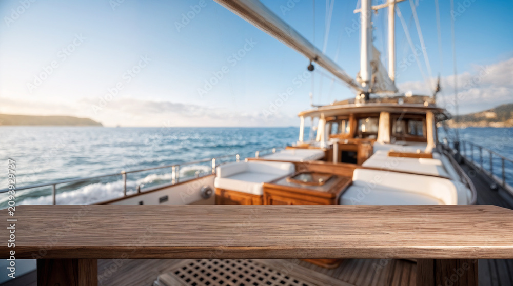 Fototapeta premium Wooden tabletop mockup on luxury yacht deck with blurred ocean background