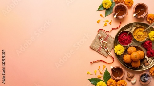 Raksha Bandhan themed flat banner, top view of rakhi thread, laddoos, diya and haldi-kumkum, placed on a backdrop with gradient from pink to saffron