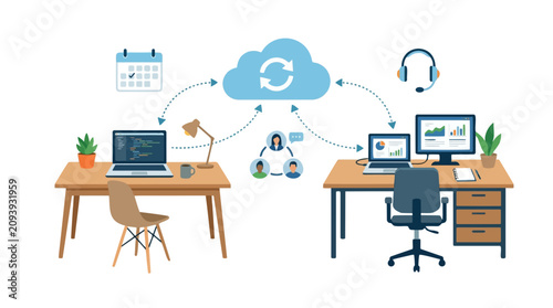 Hybrid work illustration featuring a home office desk, a corporate office desk, a laptop, a calendar, cloud synchronization, a headset, and collaboration icons, isolated on a white background.