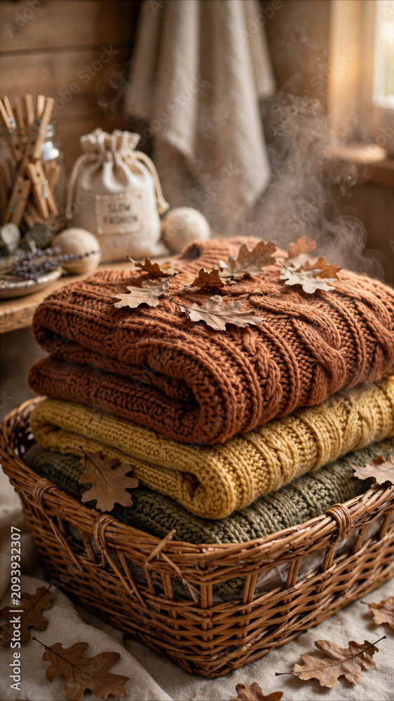 Obraz premium Cozy Stack of Knitted Wool Sweaters in Wicker Basket with Autumn Oak Leaves and Steam, Sustainable Slow Fashion Concept in Rustic Setting
