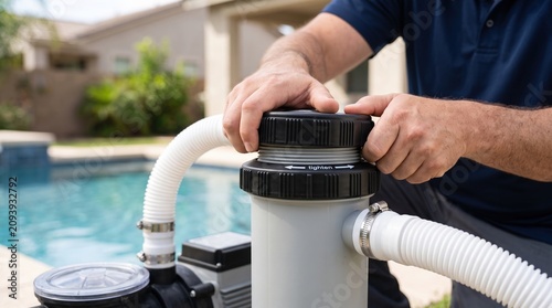 A person is fixing a pool pump next to a swimming pool. The sun is shining, and the area is surrounded by greenery. Maintenance work is important for clean water