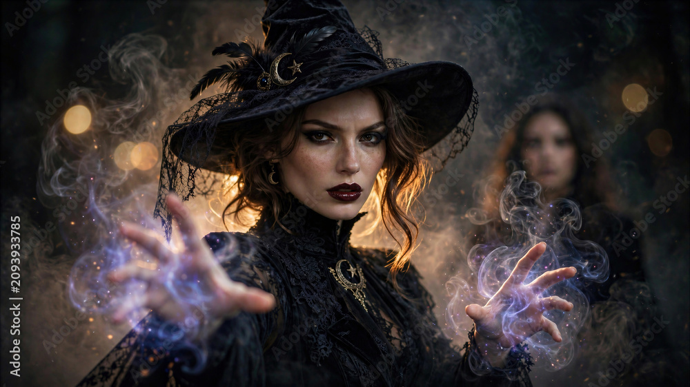 Fototapeta premium Mysterious witch casting glowing blue magic spells in dark forest, gothic sorceress in black lace and pointed hat.