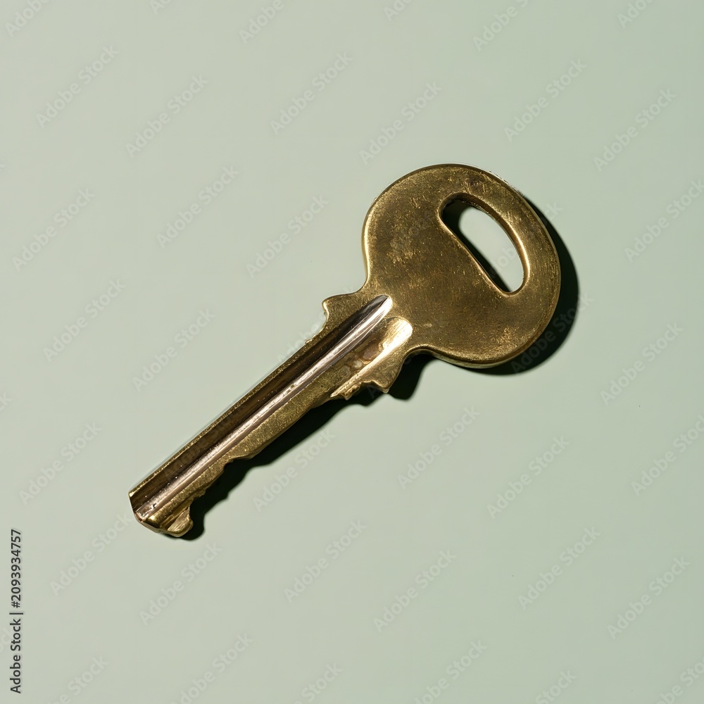 Fototapeta premium Worn brass key with patina on soft sage-green background