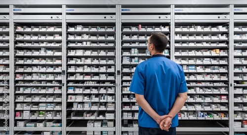 Pharmacist or technician organizing and checking medication in a large hospital pharmacy storage system.