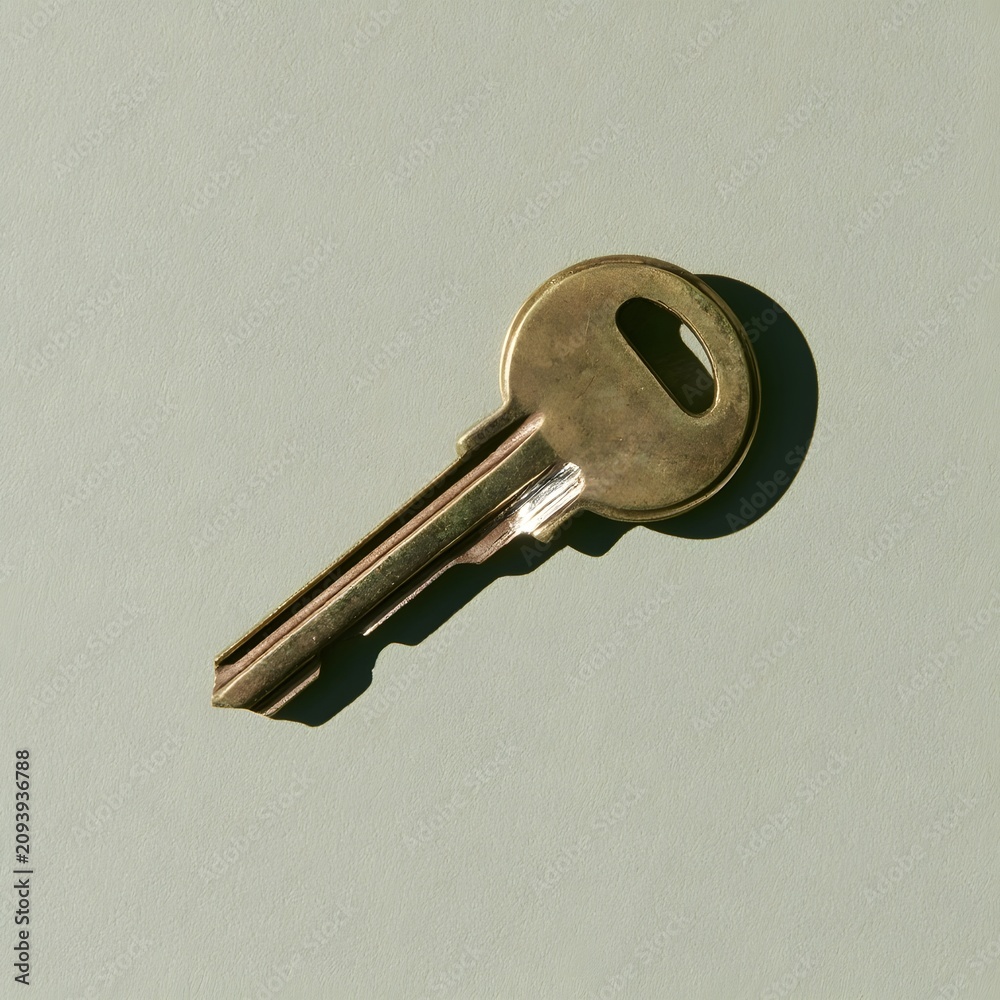 Fototapeta premium Vintage brass key with bright raw-metal scratch on sage green