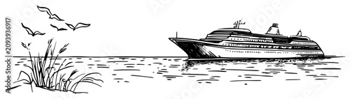 Fotografie Luxury cruise ship sailing on ocean with beach grass and seagulls hand drawn ske
