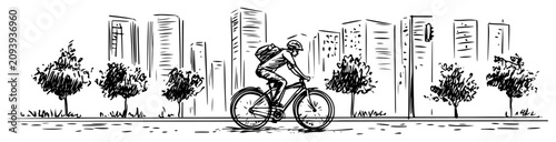 Foto Person riding bicycle on city street with skyscrapers and trees in hand drawn sk