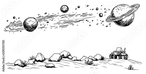 Canvas-taulu Space exploration rover on rocky alien planet surface with rings and celestial b