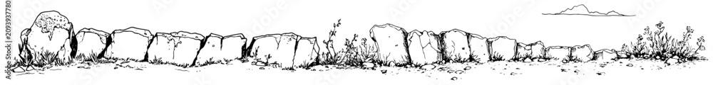 Obraz premium Old stone wall made of rocks with wild grass in hand drawn sketch style