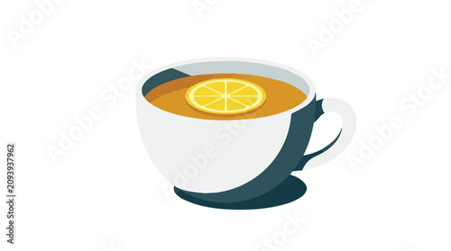 Schilderij op canvas White coffee cup with lemon slice on the surface in a modern clean design backgr