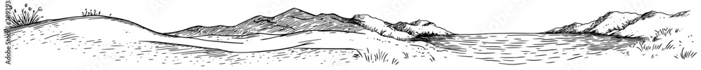 Fototapeta premium Sand dunes and hills by the lake in a wide landscape hand drawn sketch style