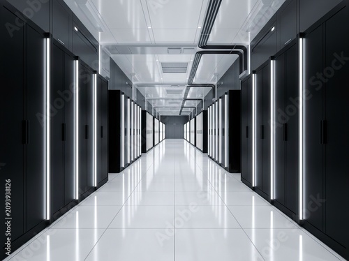 Modern server room with rows of black server racks and bright led lighting in a clean, futuristic data center facility