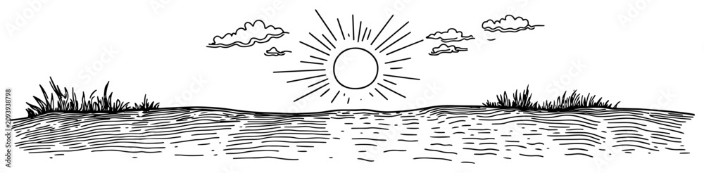 Naklejka premium Shining sun over field landscape with clouds and wild grass hand drawn sketch style