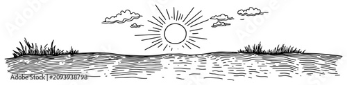 Shining sun over field landscape with clouds and wild grass hand drawn sketch style