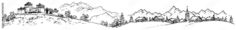 Obraz premium Medieval castle on hill and alpine mountain village panorama sketchy line art style
