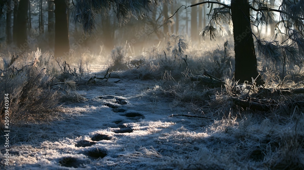 Fototapeta premium Fresh paw prints in frost-laced forest undergrowth