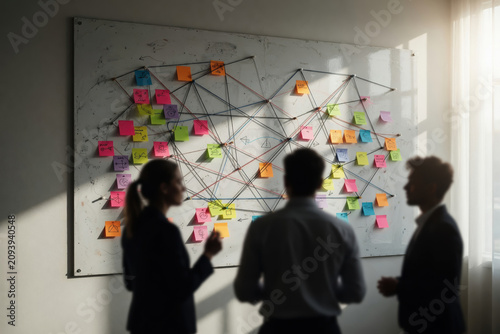 Creative team brainstorming strategy network business planning project management office collaboration sticky note whiteboard silhouette teamwork startup sunlight Cybersecurity threat concept