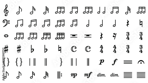 Fotografie Musical notes and symbols flat design vector illustration set.