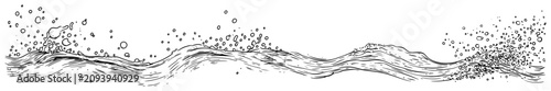 Foto Splashing water wave panorama with spray droplets and sea foam hand drawn engrav