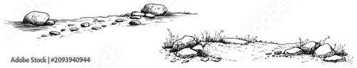 Foto River bank with scattered stones and wild grass panoramic landscape hand drawn e