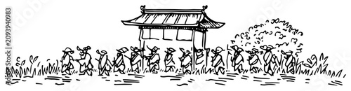 Fotografie Traditional Asian procession walking past temple gateway hand drawn sketch