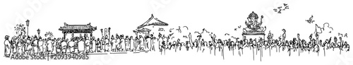 Photos Crowd of people gathered at traditional eastern temple during religious festival