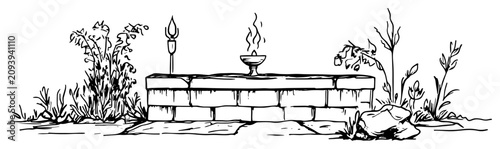 Fotografía Ancient stone altar with burning fire bowl and overgrown wild grass in hand draw