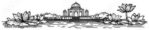 Photos Indian temple pavilion on a lake with floating lotus flowers in hand drawn engra