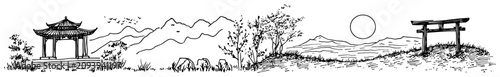 Asian landscape panoramic banner with pagoda pavilion mountains and torii gate hand drawn sketch style