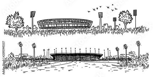 Tableau sur toile Sports stadium arena with floodlight towers hand drawn sketch style