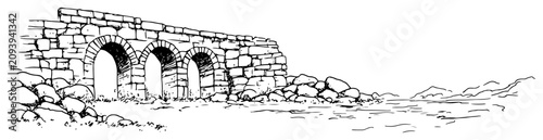 Photos Ancient stone aqueduct bridge near water hand drawn sketch style