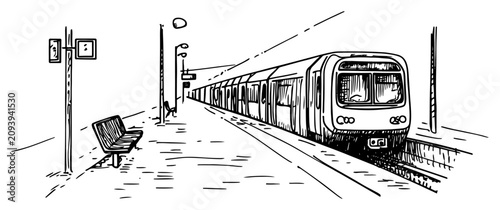Passenger train arriving at a modern station platform in hand drawn sketch style