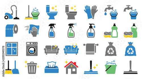 Schilderij op canvas House cleaning services icon set with equipment supplies and household maintenance symbols