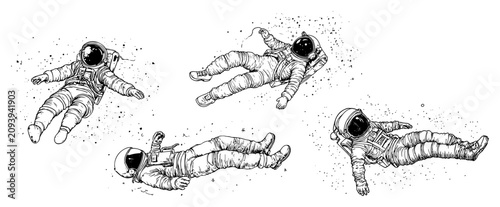 Quadro su tela Astronauts floating in outer space zero gravity hand drawn engraving style