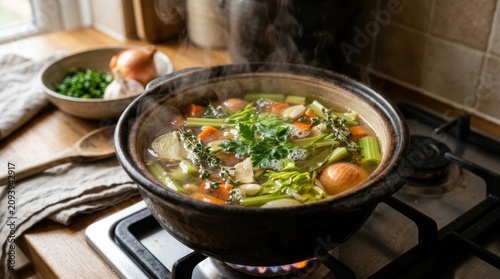 A steaming pot of hearty vegetable soup simmered with fresh herbs and garden carrots sits on a rustic kitchen stovetop during the preparation of a warm nourishing meal for a hungry family dinner