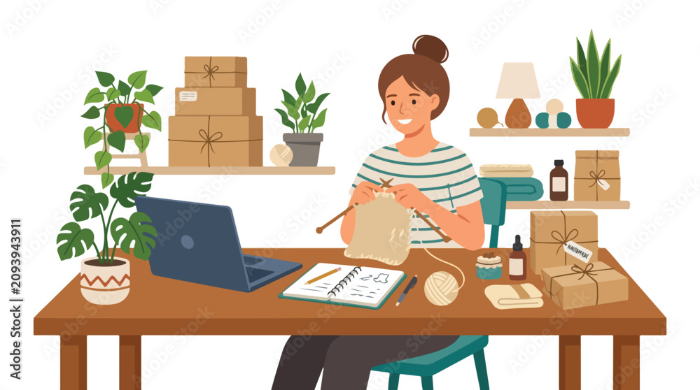 Fototapeta premium A young woman runs a small handmade business from home, knitting while surrounded by a laptop, notebooks, plants, and packaged orders.
