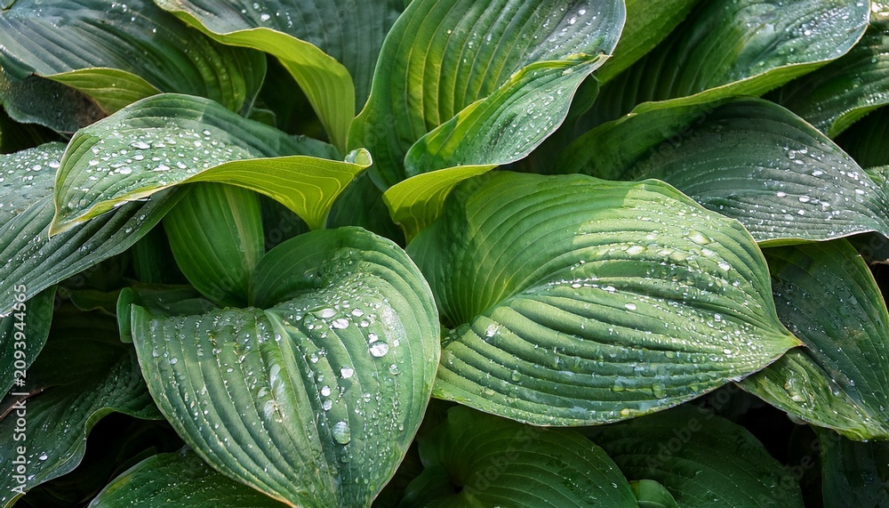 Obraz premium Detail Of Large Green Leaves Of A Hosta Plant Covered With Numerous Clear Water Droplets After Summer Rain
