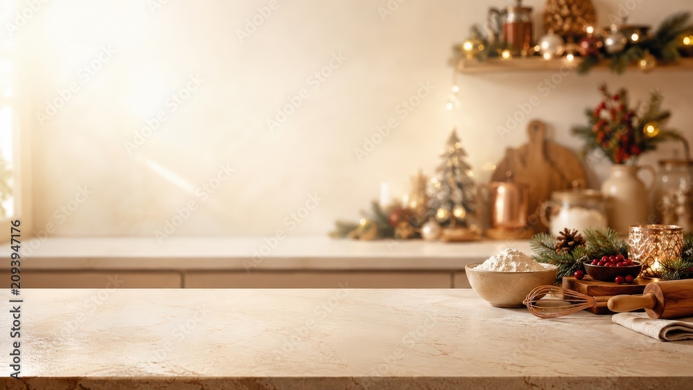Fototapeta premium Kitchen Countertop with Christmas Decorations and Baking Ingredients