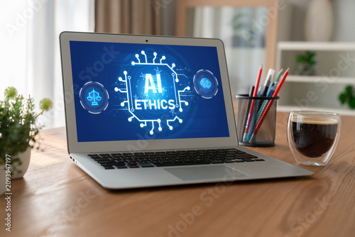 Bild auf Leinwand AI ethics responsibility standard law and rules on computer screen provide report of AI ethic transparency preventing technology crime