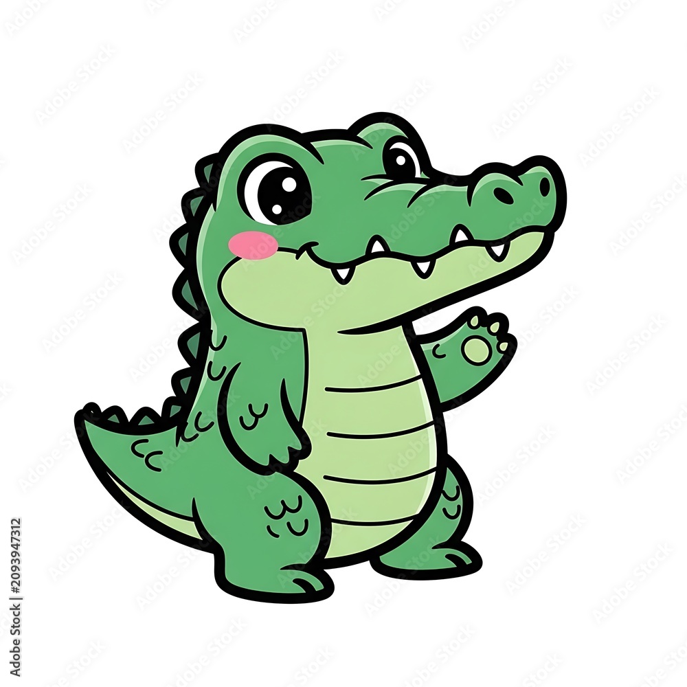 Fototapeta premium Green cartoon frog with surprised expression sitting.