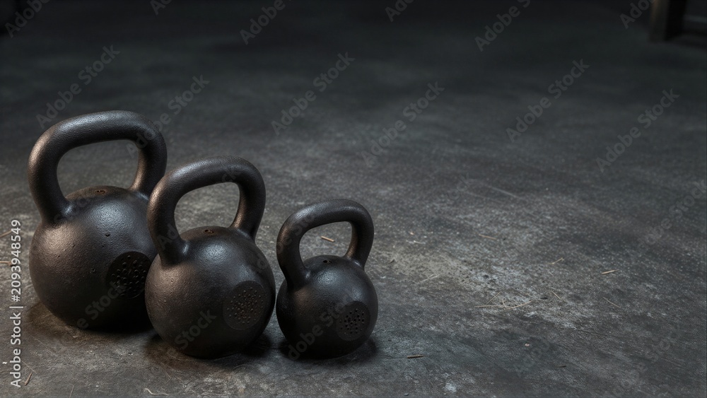 Obraz premium Three black kettlebells rest on a gritty concrete floor.