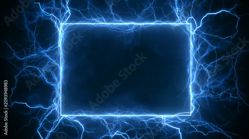A luminous rectangular border of electric blue energy crackles with lightning on a dark, ethereal background, evoking a sense of digital power.