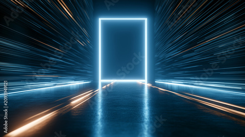 A vibrant blue neon rectangle gateway is set within a tunnel of streaking blue and orange lights, reflecting on a wet, dark floor.