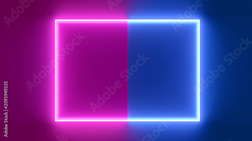 A square neon frame exhibits a distinct split, with one side glowing in radiant pink and the other in brilliant blue, symbolizing dualism or opposing forces.